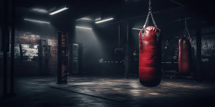 AI Generated. AI Generative. Dark vintage retro old gym boxing bag fitness sport martial arts room interior. Graphic Art