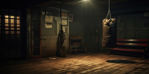 AI Generated. AI Generative. Dark vintage retro old gym boxing bag fitness sport martial arts room interior background. Sport life motivation inspiration. 