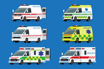 Ambulance car rescue set. 911 emergency disaster vehicle, modern van-based transport with warning lights and sirens for urgent help.