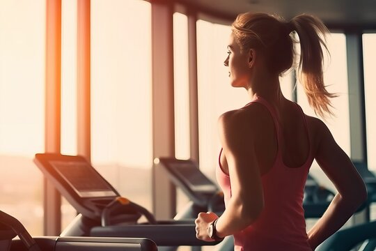 Fitness woman running on treadmill at the gym. in morning