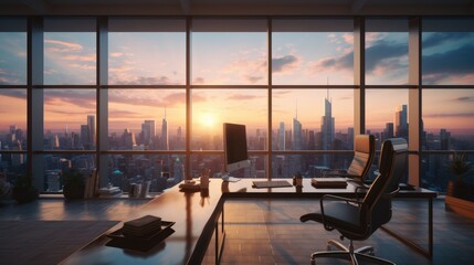 A business office of the company in the morning sunrise.  