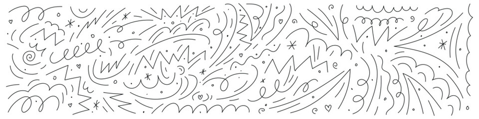 Squiggly lines in pencil, doodles, scribbles, brush squiggles, chalk patterns. Crayon curlicues, swirls in strokes, abstract designs. Flat vector illustrations isolated on white background © Viktoria