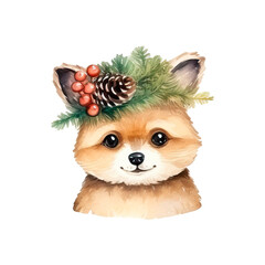 Fototapeta na wymiar Fox decorated with winter decor from spruce branches watercolor illustration