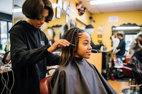Woman getting haircut at a salon, hair care