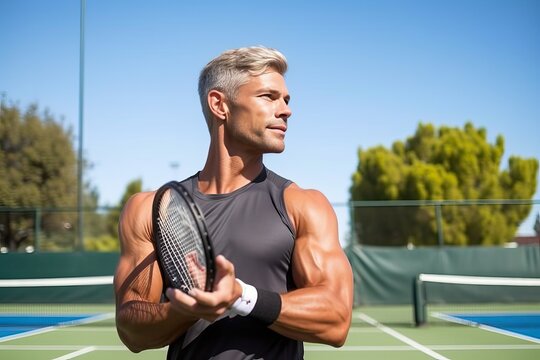 Tennis player, man is on tennis court holding tennis racket.