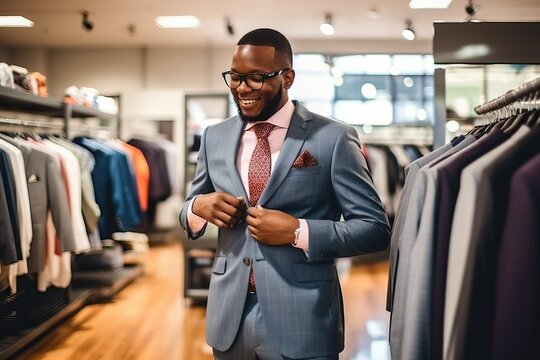 Man trying on suit in clothing store. businessman clothing
