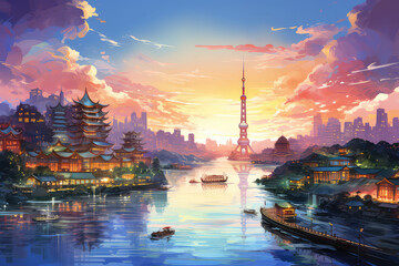 art illustration of cityscape of asian city at morning, river and China town at sunrise. (ai generated)