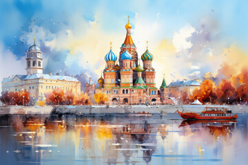 Fototapeta na wymiar oil painting on canvas, Russia. Artwork. Big ben. a boat in the river. Building. famous travel. Bridge and river (ai generated)