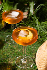 Aperol spritz cocktail in retro glasses on rain forest background