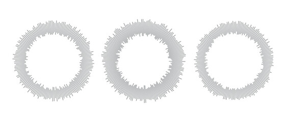 Audio waves for music sounds, equalizer graphics, round circle logos, radio voice spectrum, beat symbols, soundwave in circular form. Flat vector illustrations isolated on white background