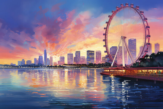 oil painting on canvas, Singapore cityscape at dusk. Landscape of Singapore business building around Marina bay. Modern high building in business district area at twilight. (ai generated)