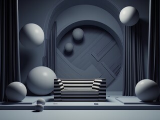 Abstract minimalistic contrast black and white scene with geometric shapes. visualization AI