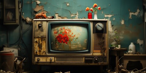 AI Generated. AI Generative. Vintage retro old antique tv television box close to the wall background. Home movie cinema video recorder. Graphic Art