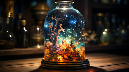 Magic bottle with mystical landscape and magic neon light, concept of magic and fairy tale - obrazy, fototapety, plakaty