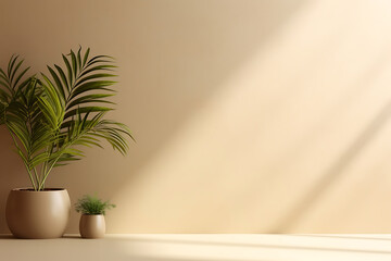 Beige Wall with Light coming through with plant pot for product Background Generative AI
