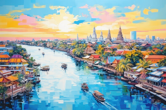 oil painting on canvas, Temple and boat at sunset landmark of Bangkok, Thailand (ai generated)