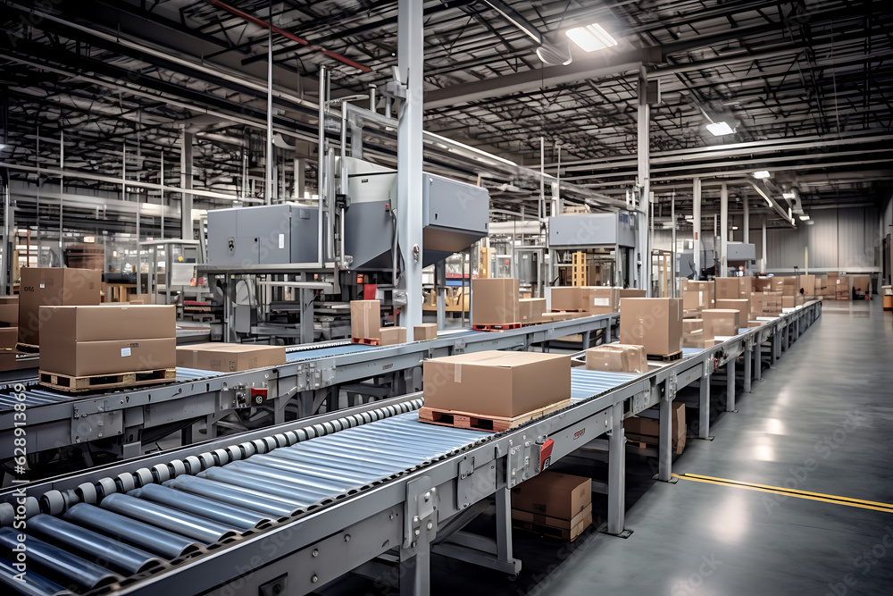 Poster Boxes on conveyor in the factory Generative AI