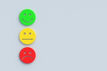 Set of emotion faces. Mood expression concept. Opinion and feedback. Top view. Copy space. 3d render