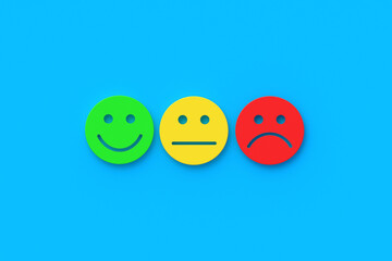 Row of different emotion faces. Mood expression concept. Opinion and feedback. Top view. 3d render