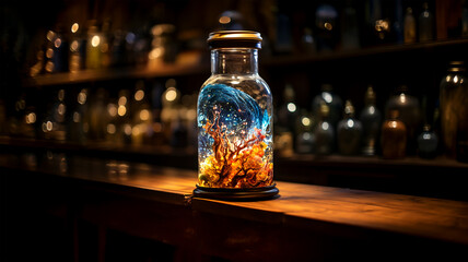 Magic bottle with mystical landscape and magic neon light, concept of magic and fairy tale - obrazy, fototapety, plakaty