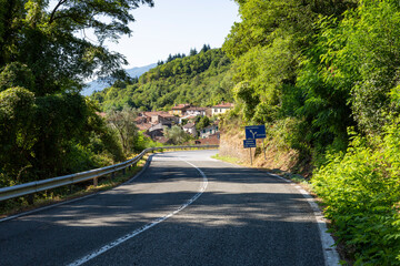 SS62 paved road with a view to Mignegno village, municipality of Pontremoli, Province of Massa and Carrara, Tuscany, Italy