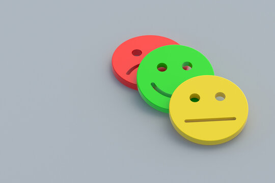 Heap of happy, neutral and sad emotion faces. Mood expression concept. Opinion and feedback. Copy space. 3d render