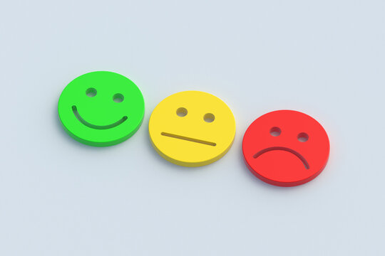 Happy, neutral and sad emotion faces. Mood expression concept. Opinion and feedback. 3d render