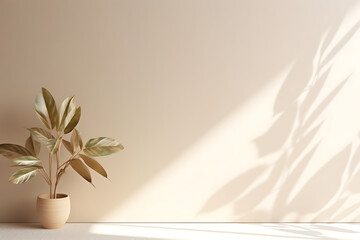 Beige Wall with shining light and a pot of plant background Generative AI