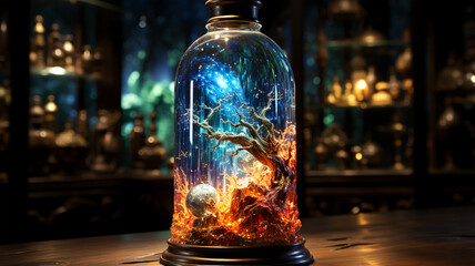 Magic bottle with mystical landscape and magic neon light, concept of magic and fairy tale