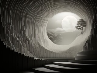 Round window in a futuristic room overlooking the night landscape. visualization AI