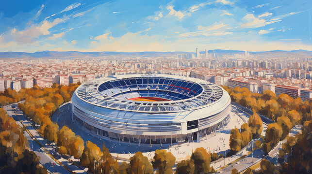 oil painting on canvas, Aerial view of Santiago Bernabeu stadium, Spain (ai generated)