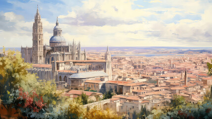 Fototapeta na wymiar oil painting on canvas, View of Toledo Cathedral in sunny day, Spain. (ai generated)