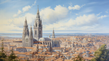 oil painting on canvas, View of Toledo Cathedral in sunny day, Spain. (ai generated) - obrazy, fototapety, plakaty