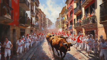 oil painting on canvas, Bulls and people running on the street in the festival of San Fermin. Bulls of Eduardo and last running of the bulls of the festival of San Fermin. Spain. (ai generated)