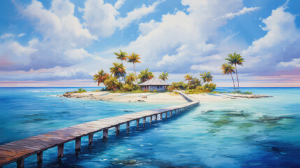 oil painting on canvas, Maldives paradise scenery. Tropical aerial landscape, seascape with long jetty, water villas with amazing sea and lagoon beach, summer vacation. (ai generated)