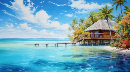 Poster oil painting on canvas, View of Maldiv beach resort, panoramic landscaps. (ai generated) © ImagineDesign