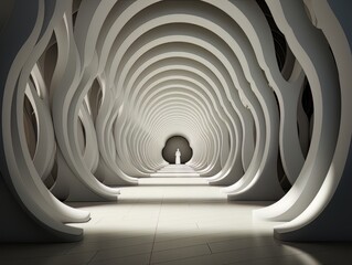 Abstract minimalistic interior black and white tunnel and white silhouette in it. AI