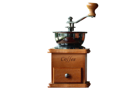 Vintage hand coffee grinder isolated on white transparent background, PNG File format