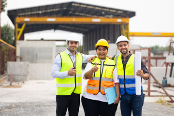 Group of Ethnic diversity worker people, Success teamwork. Group of professional engineering people wearing hardhat safety helmet meeting. Unity and teamwork concept. Afrian fat female and hispanic