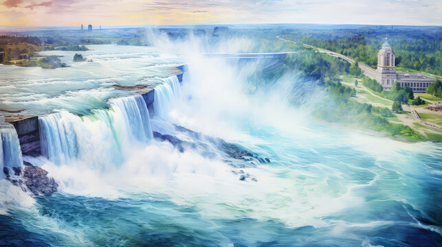 oil painting on canvas, Niagara falls between United States of America and Canada. (ai generated)