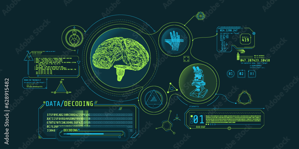 Poster brain research futuristic interface screen with data decoding.