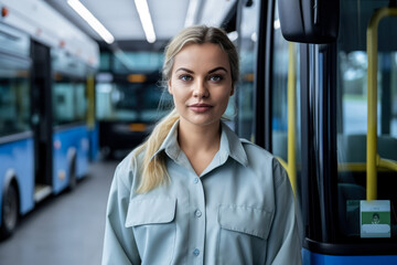 Woman in shirt standing in front of a bus, female public transport driver. Generative AI