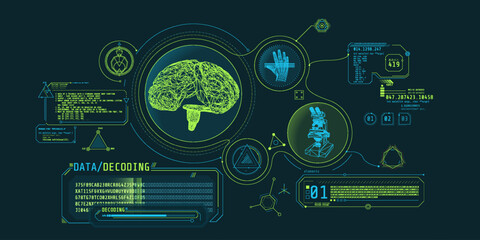 Brain research futuristic interface screen with data decoding. - 628915482