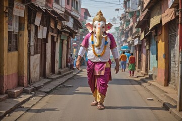 Fototapeta premium God Ganesha walking in the streets of Bharat