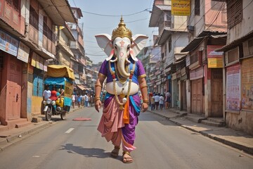 Obraz premium God Ganesha walking in the streets of Bharat