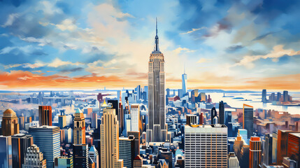 oil painting on canvas, New York City. Manhattan downtown skyline with illuminated Empire State Building and skyscrapers at sunset. (ai generated) - obrazy, fototapety, plakaty