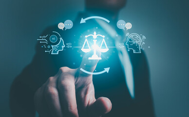 AI ethics or AI Law concept. Developing AI codes of ethics. Compliance, regulation, standard , business policy and responsibility for guarding against unintended bias in machine learning algorithms.