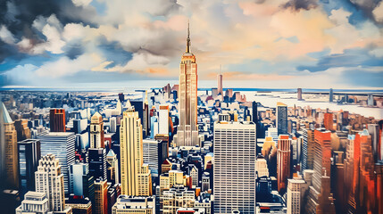 Fototapeta na wymiar oil painting on canvas, New York skyline at sunset, USA. (ai generated)