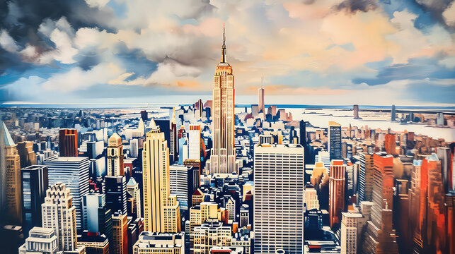 oil painting on canvas, New York skyline at sunset, USA. (ai generated)