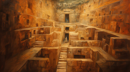 oil painting on canvas, The catacombs kom el shoqafa, top tourism sights in Alexandria Egypt. (ai generated)